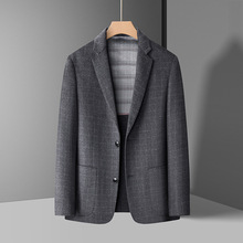 双面羊毛呢休闲西服男中年爸爸装商务西装秋冬季单件毛料格子外套