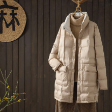 跨境秋冬新款两面穿羽绒服女中长款时尚立领压胶白鸭绒轻薄外套潮