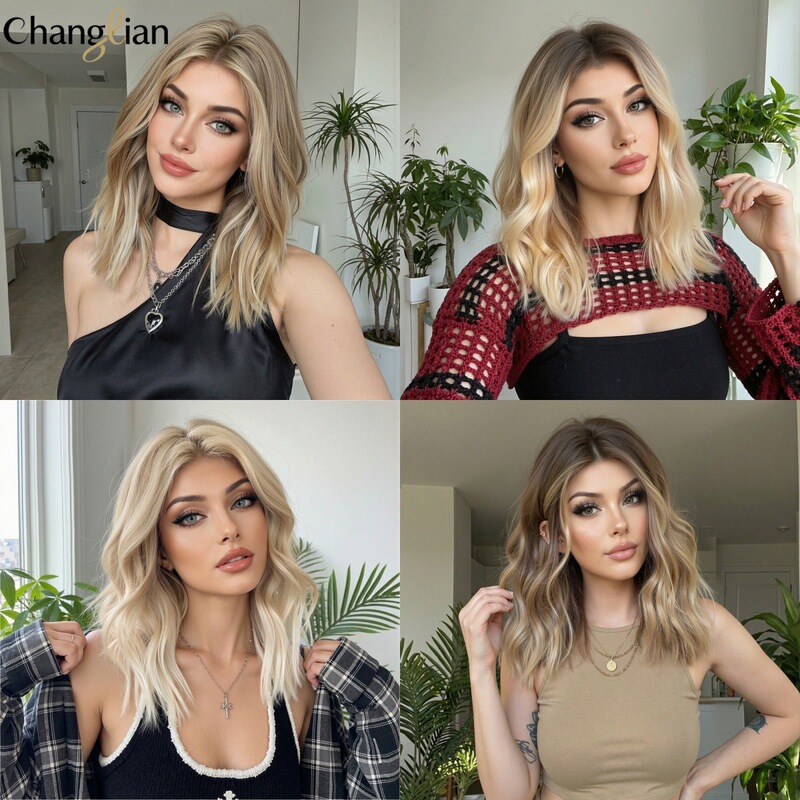 Light Gold Gradient Medium-Length Wavy Wig, European and American Fashion for Women, Natural Fluffy Full Wig, Cross-Border Supply, Versatile