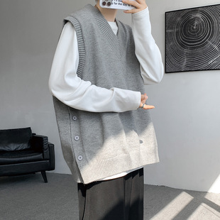 2024 New Japanese Style Laid-back Solid Color Knitted V-neck Sweater Vest Side Hem Split Vest Waistcoat Top