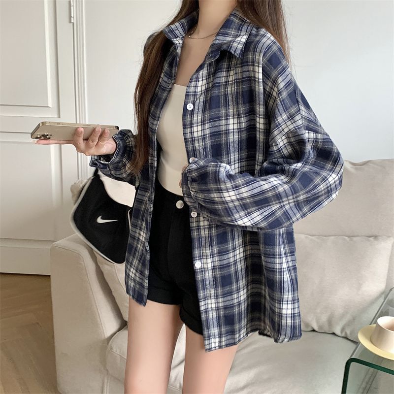 格子衬衣女韩系设计感小个子春秋复古百搭宽松衬衫防晒内搭外套|undefined