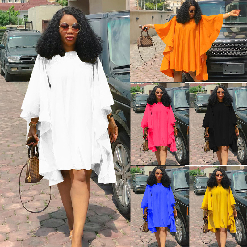 D3022 Amazon Independent Station Explosions European and American plus size Women's Pleated Long Sleeve dress Bat Sleeve Loose