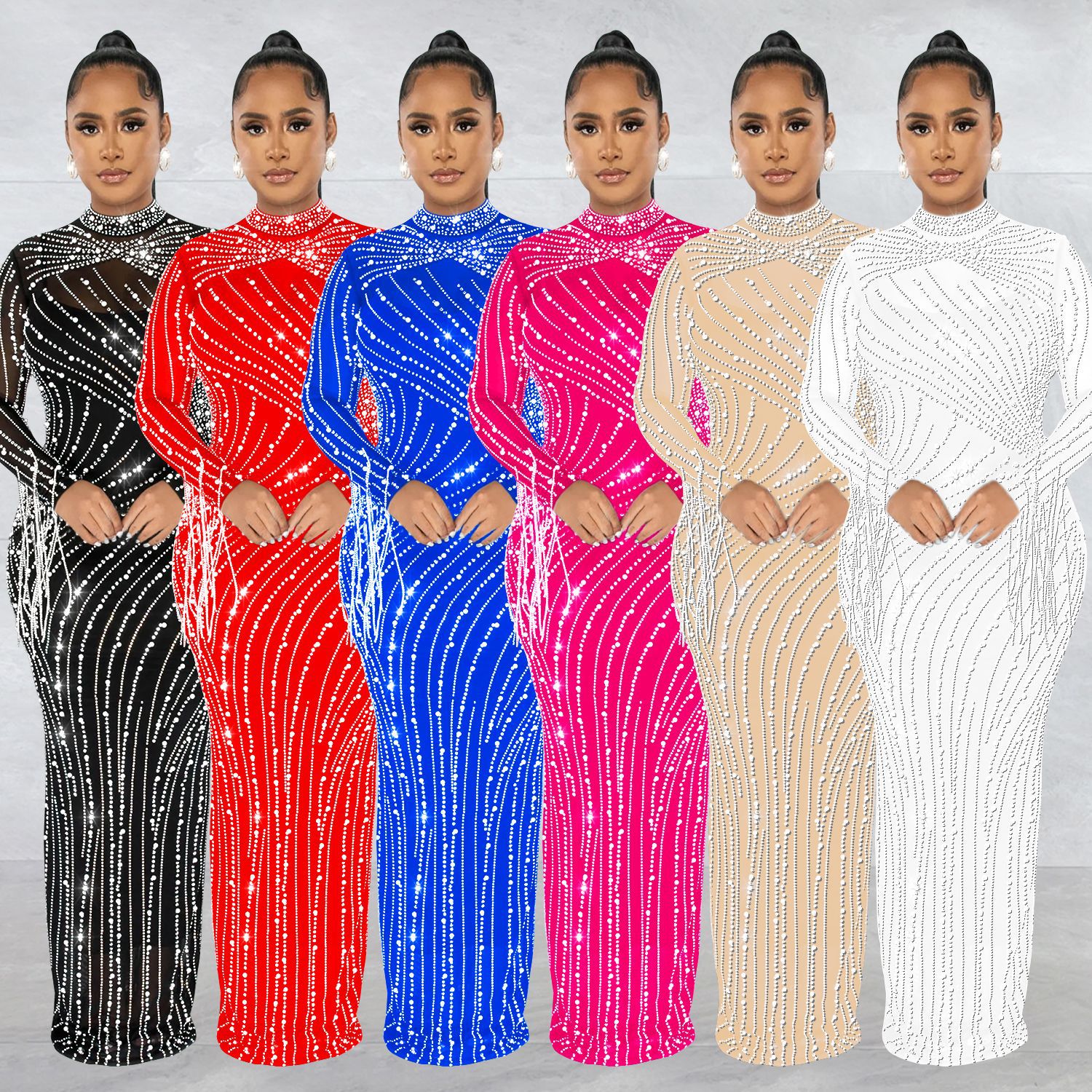 C6266 AliExpress Amazon de moda europea y americana de las mujeres de malla ver-a Través De rhinestone de manga larga vestido de forro de dos piezas conjunto