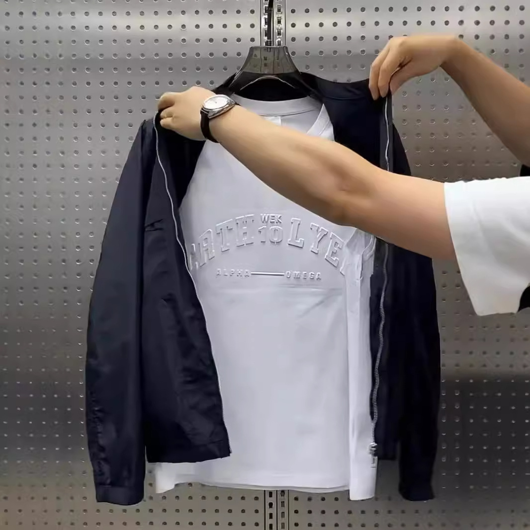 Simple Henry collar workwear new jacket autumn top versatile casual baseball collar versatile short slit jacket_voghion.com
