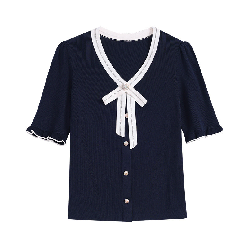 Stylish V-Neck Bow Short-Sleeve Navy Blue Knit Top for Women, 2026 Summer New Style, Petite Ice Silk Blouse