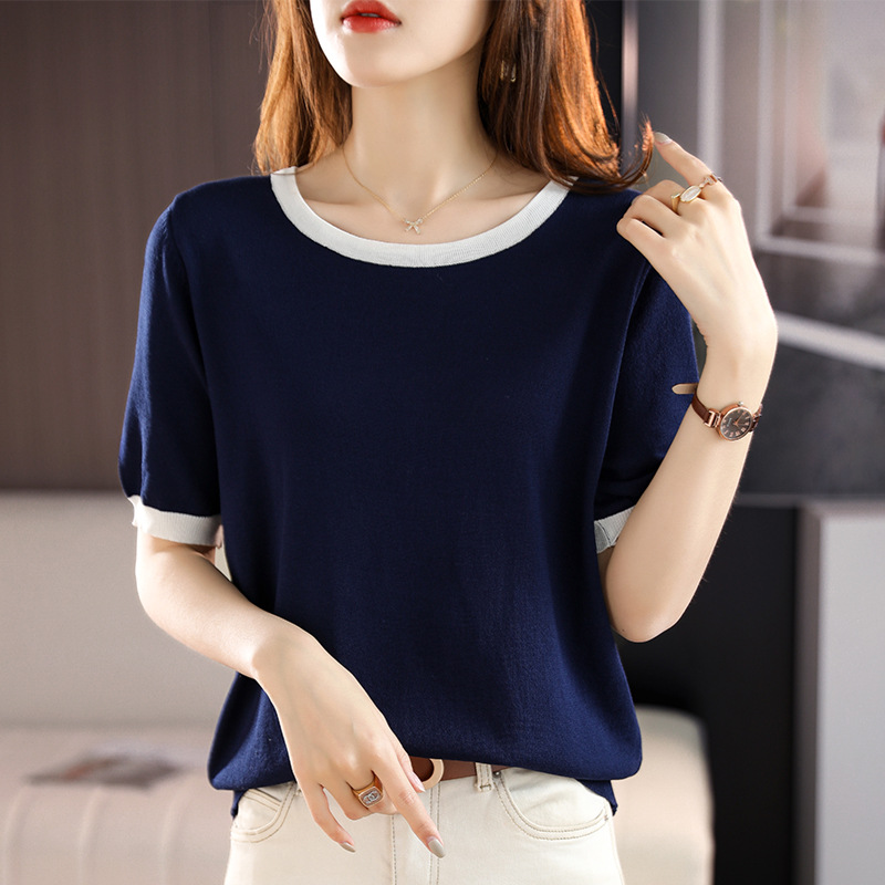 Knitted base summer short sleeve T-shirt with a round collar