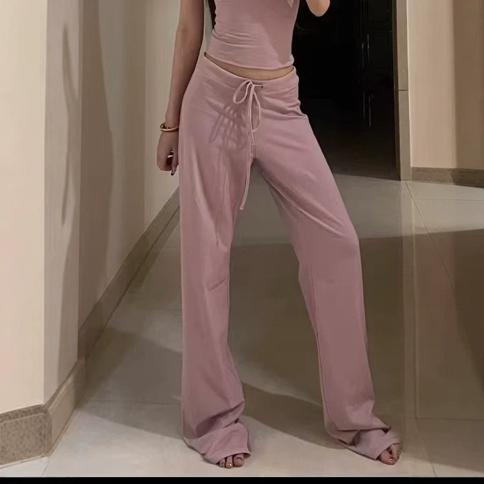 High-End Kardashian Skims Drawstring Straight-Leg Pants, Pure Cotton High-Waisted Casual Pants for Women, Spring and Summer Versatile Sports Pants