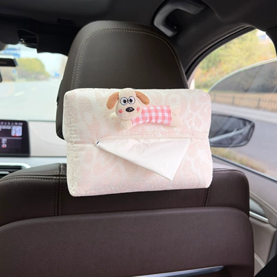 Tissue Holder for Car Seat — Car tissue box/set - pink-plaid-dog-leopard-print-tissue-box-beige