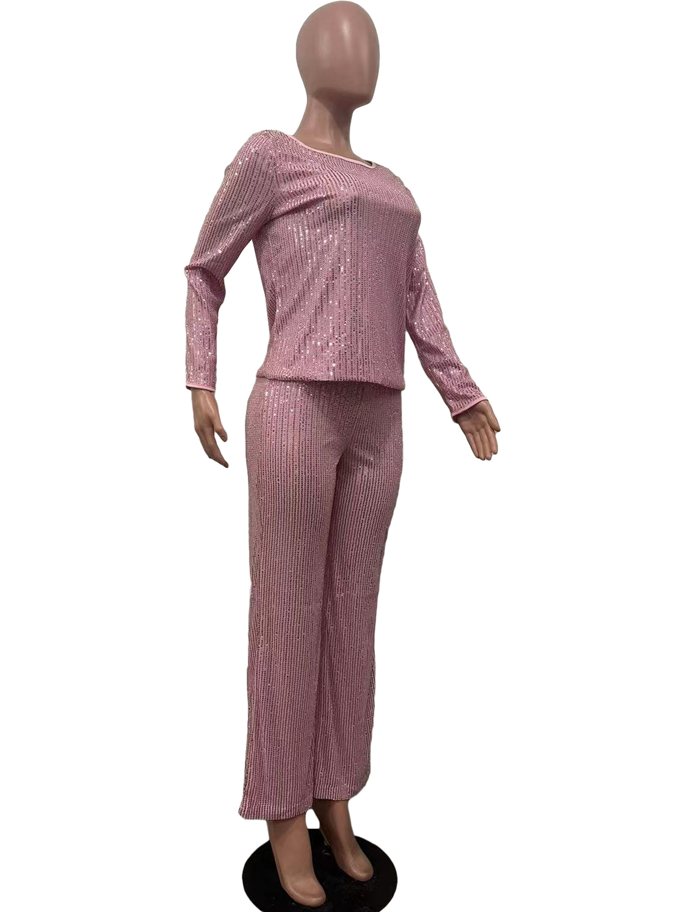 Women's Clothing new sequined solid color long sleeved trousers two piece set_voghion.com