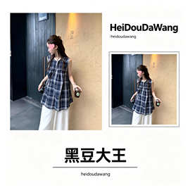 日系复古设计感格子圆领衬衫女夏季新款宽松无袖休闲娃娃衫上衣