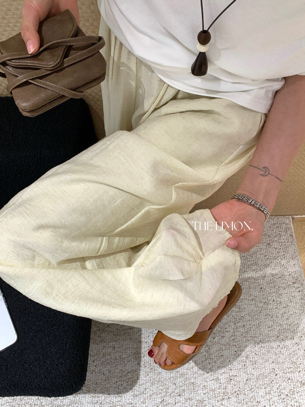 Quần culottes ống rộng cạp chun rút dây chất liệu linen mùa hè — Vàng nhạt, màu đen, trắng ngà, màu hồng chi tiết 23