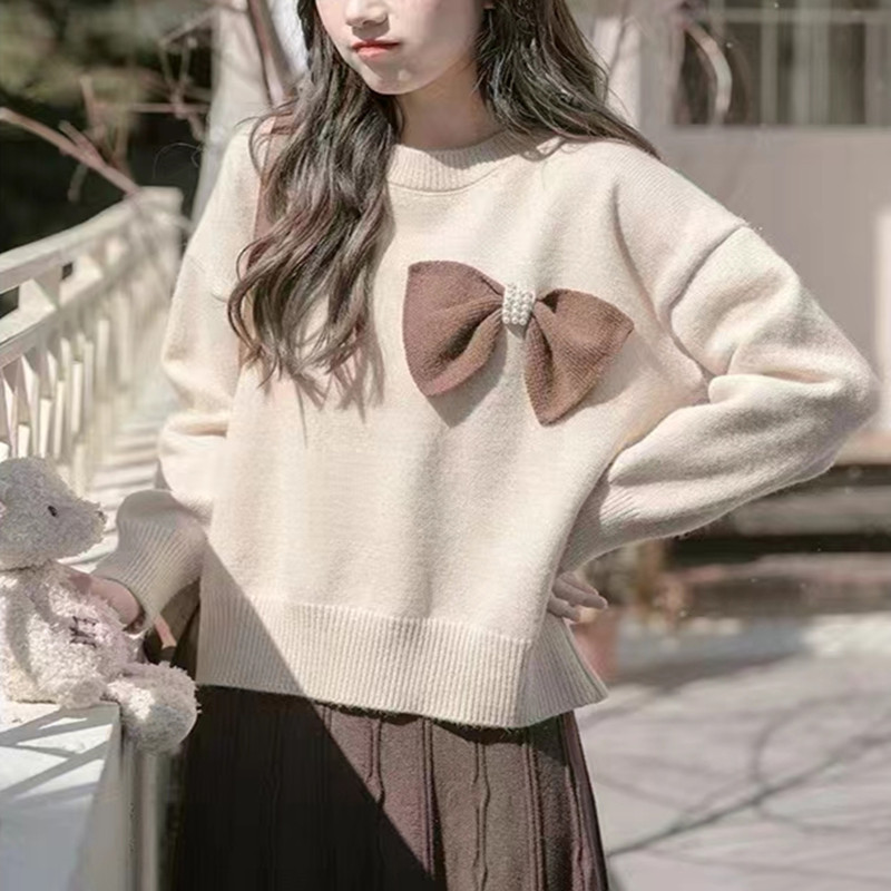 Bowknot de las mujeres con cuentas suéter de otoño e invierno nuevo estilo coreano suelta camisa de fondo de punto de moda estilo occidental prendas de vestir exteriores Top corto image 5