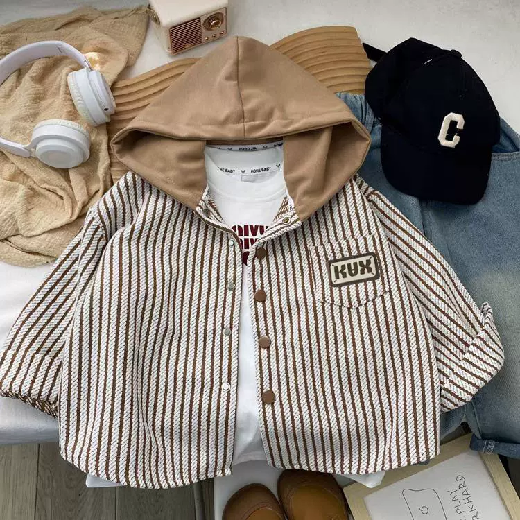 男童2025新款春秋装外套儿童条纹连帽上衣男孩秋季长袖衬衫童装批