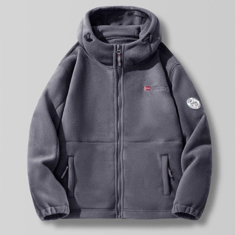 9819款抗寒保暖加厚双层摇粒绒冬季大码男士加绒连帽抓绒衣外套男