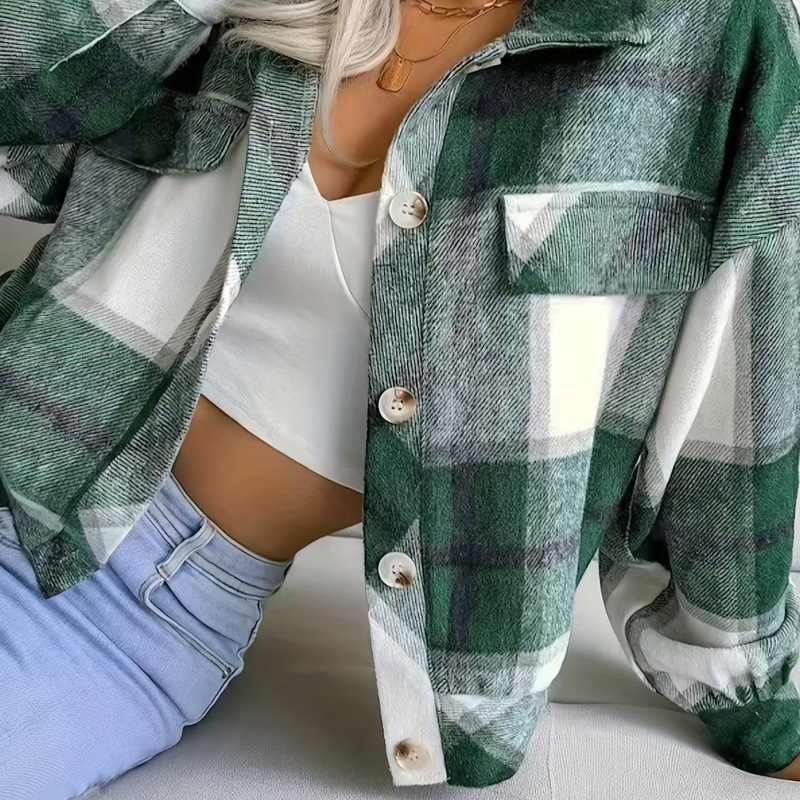 2023 Amazon Checked Contrast Long Sleeve Jacket Women's European and American Winter Fashion Lapel Single-breasted Jacket