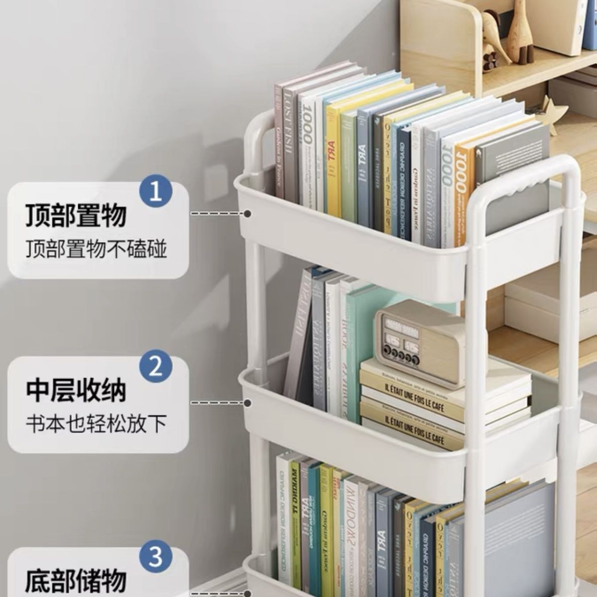 Estante de libros móvil estante de almacenamiento de juguetes para niños estante de almacenamiento de lectura pequeño carro doméstico con rueda de piso librería simple
