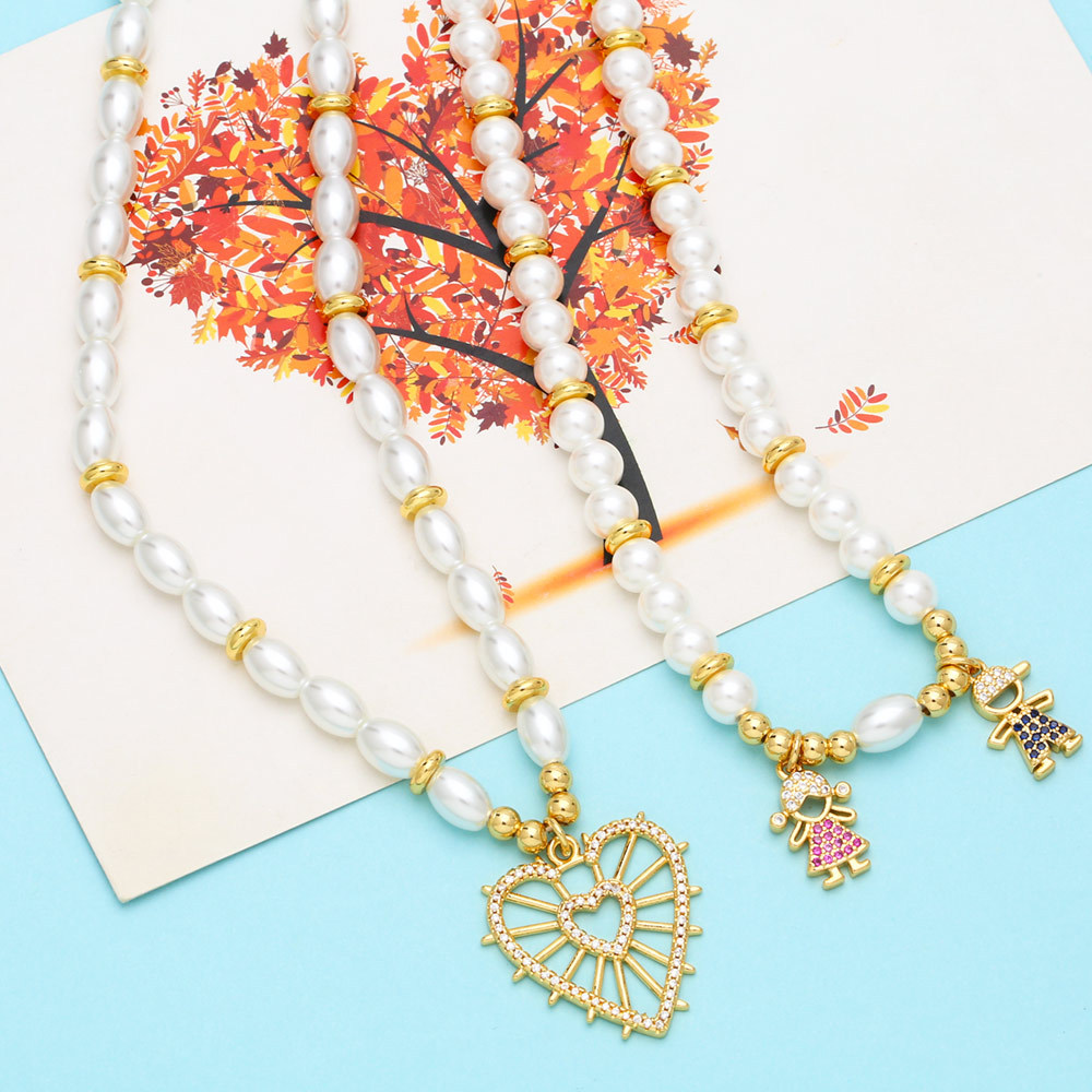 Fashion Moon Heart Shape Copper Pendant Necklace Pearl Inlay Zircon Copper Necklaces