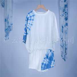扎染扎染圆领蝙蝠袖短裤两件套 纯手工纯植物扎染纯手工纯植物扎