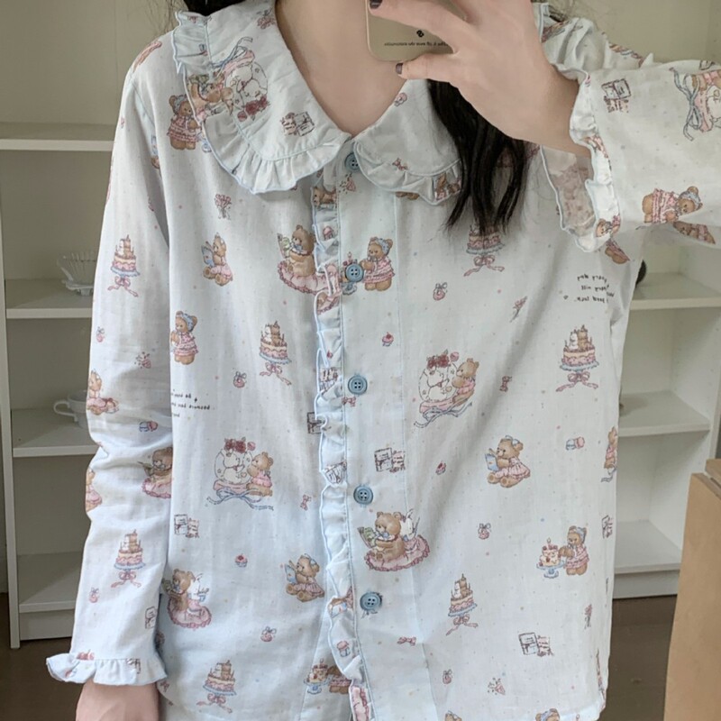 Fresh and Simple Lace Doll Collar Pajamas Korean Style Pajama Set Simple Pure Cotton Double-Layer Breathable Homewear