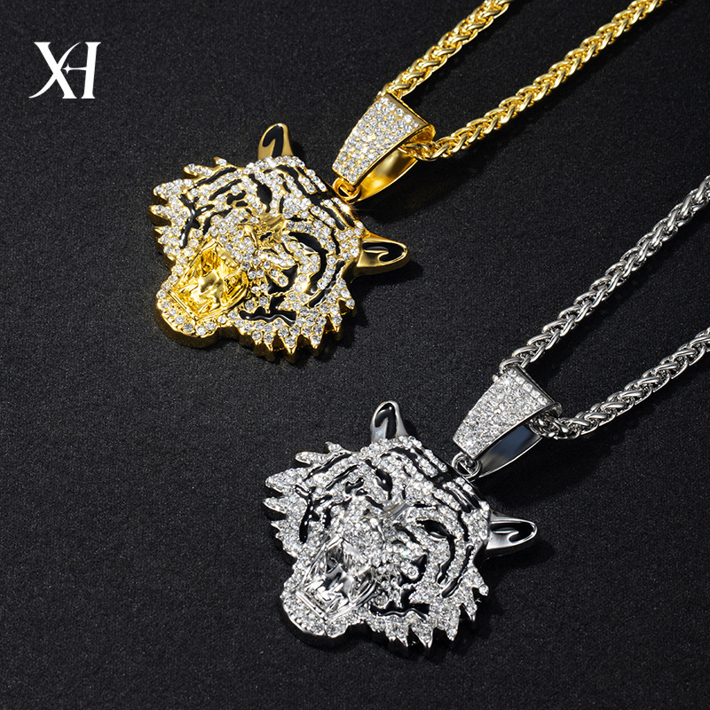 New European And American Alloy Diamond Studded Domineering Tiger Head Pendant Necklace, Hip-hop Trend Men's Accessories_voghion.com