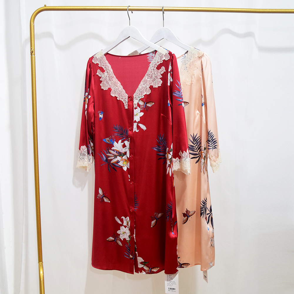 重磅19姆米桑蚕丝睡衣女夏季蚕丝印花开衫居家服七分袖衬衫式睡裙