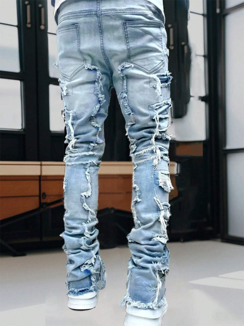 Men's Distressed Denim Jeans Slim Straight High Street Fashion Patchwork Raw Hem Casual Breathable Cotton Blend Pants_mkmklike.com