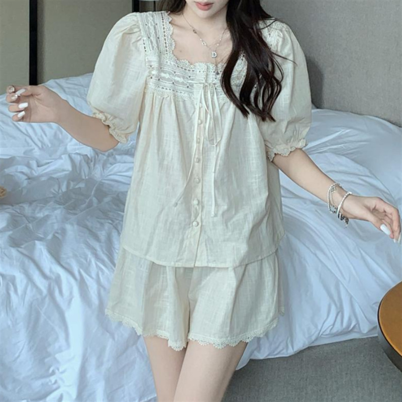 Corea del Sur ins verano de las mujeres francés algodón lino color sólido dulce encaje princesa estilo Manga corta pantalones cortos pijamas traje