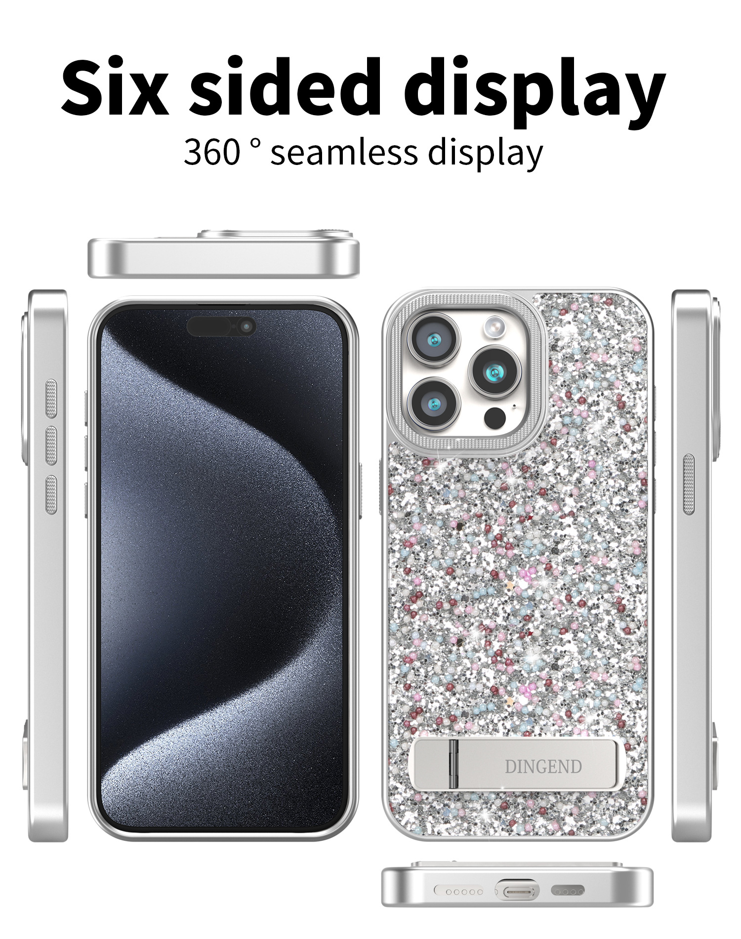 Ốp lưng iPhone đính đá sang trọng, chân đế kim cương, chống sốc viền dày cho 16 Pro Max / 15 / 14 Pro — Trắng đàn piano, Đen kinh điển, Màu vàng đậm chi tiết 12
