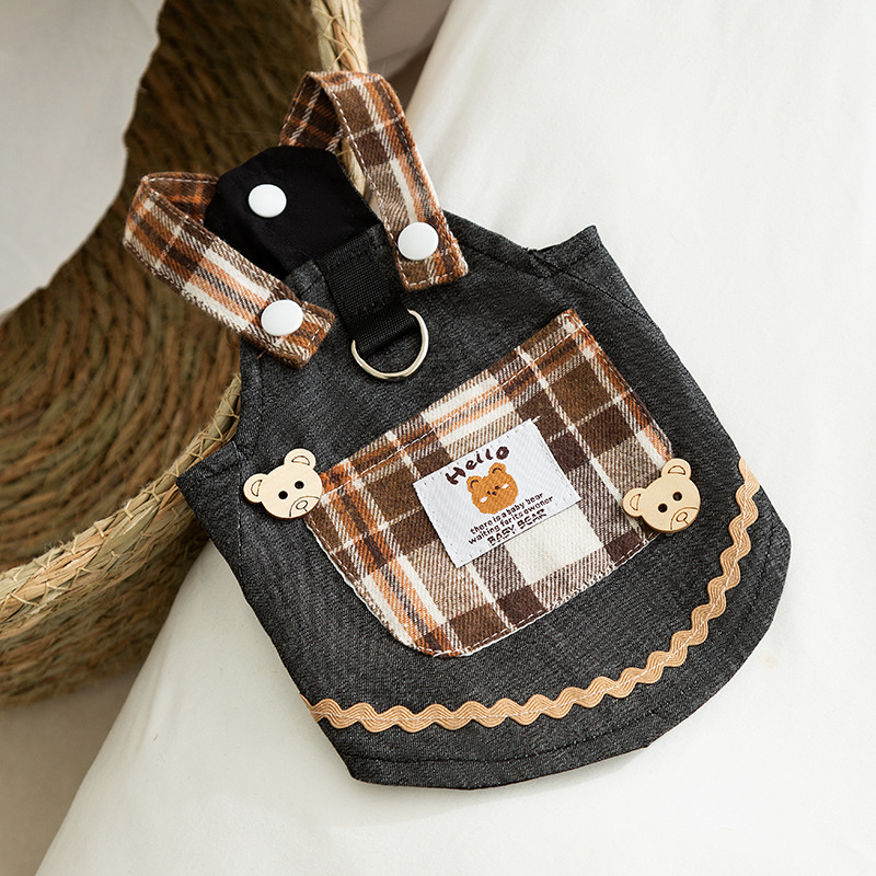 Cute gato primavera y verano bolsillo de cuadrícula vaquero osos correa falda perro princesa vestido de gato mascota ropa