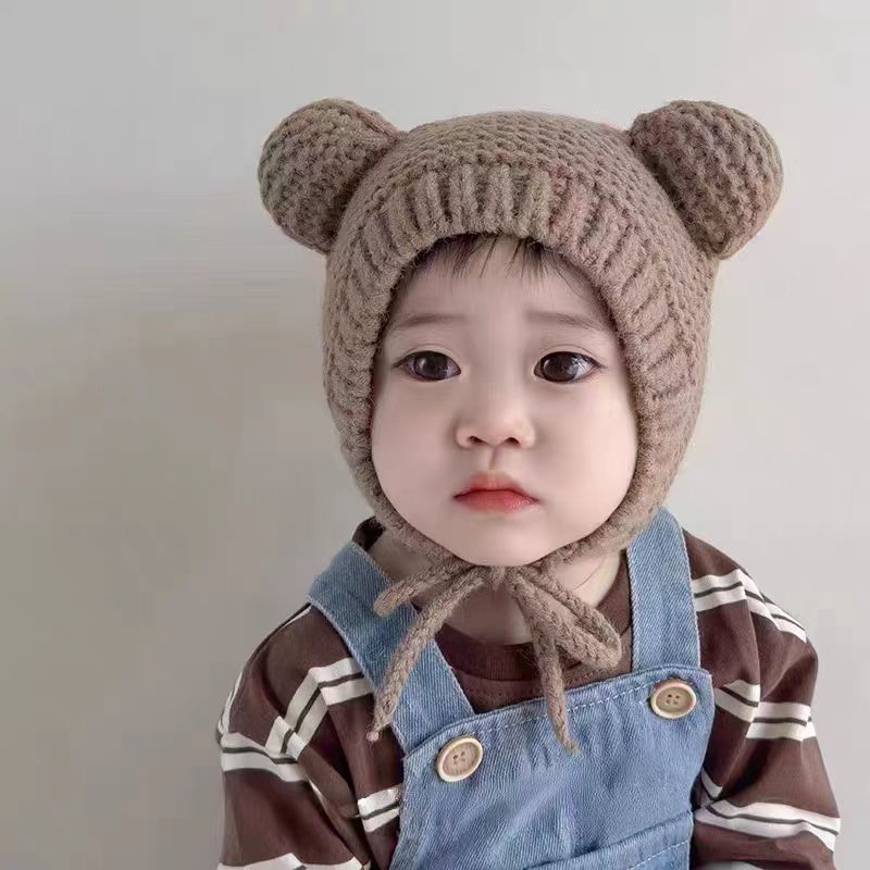 ベビー帽子秋と冬暖かいウール帽子かわいい赤ちゃん男の子と女の子クマ耳保護冬耳保護ニット帽子|undefined