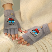 翻盖手套毛绒半指女生冬季户外露指保暖万圣节触摸屏两用学生韩版