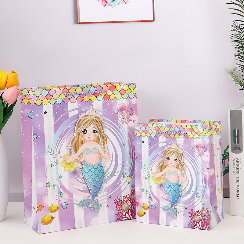 Mermaid de dibujos animados bolsa de regalo creativa comercio exterior punto transfronterizo bolsa de papel tridimensional bolso de mano para niños al por mayor