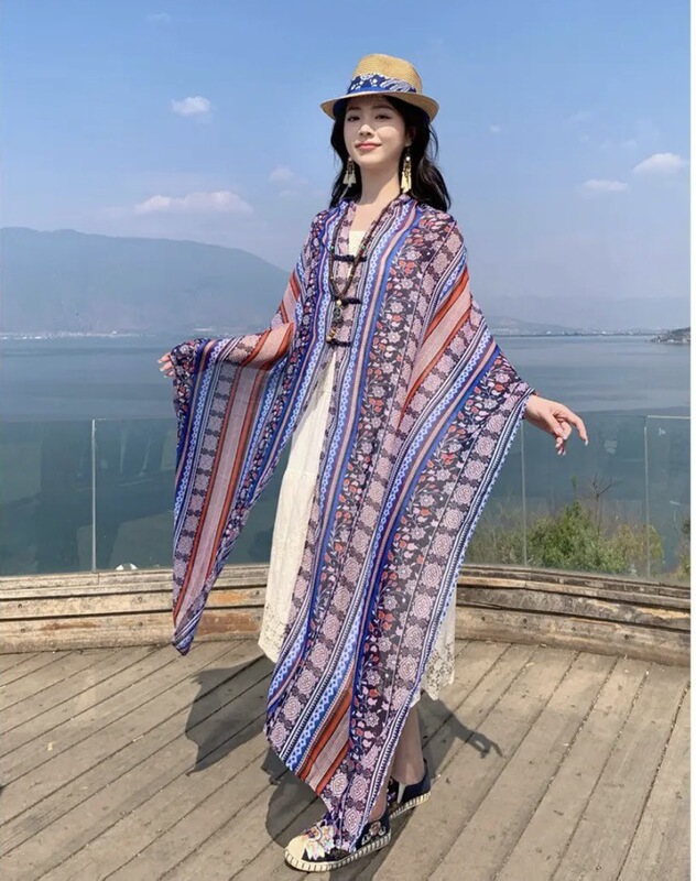 エスニックスタイル [Tyrande] サマーショール レトロバックル 日焼け止め コットンとリネンのショール カバーアップ 万能ビーチタオル|undefined