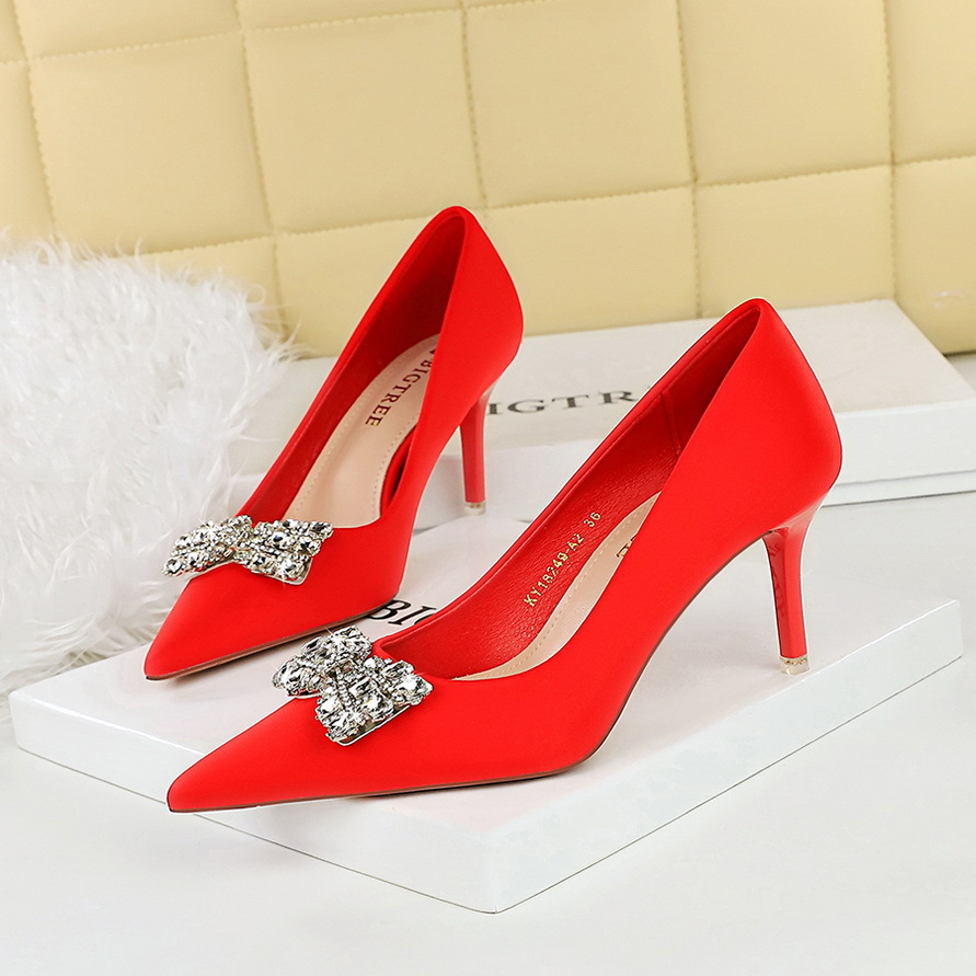 18249-AK51 European And American Fashion Pointed-toe High-heeled For Women With Rhinestone Bow, Shallow Mid-heel Single_vogvips.com