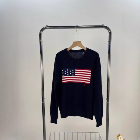 Autumn and winter 2025 new RL heavy industry five-pointed star embroidery striped flag pullover round neck knitted women's sweater