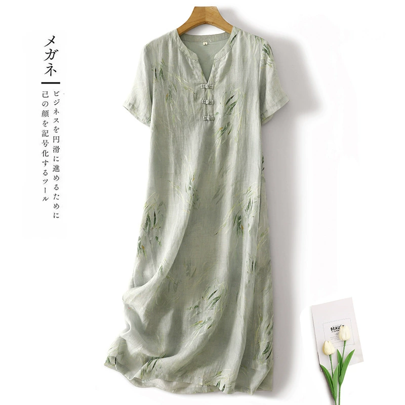 2025 летний новый ретро новый китайский стиль улучшенный хлопок льна литературный принт средней и длинной пряжки с короткими рукавами