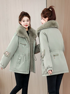 韩系大毛领派克服女短款收腰工装口袋款冬季加厚保暖女装批发