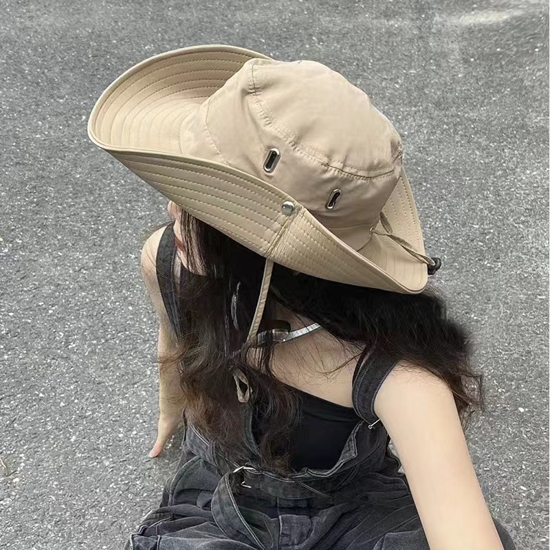 Western denim hats female drawing rope fisherman hat big brim…