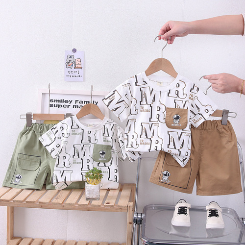 Boys and girls summer suit Korean version new all-over printed short-sleeved two-piece set for small and medium-sized children baby short-sleeved loose summer suit