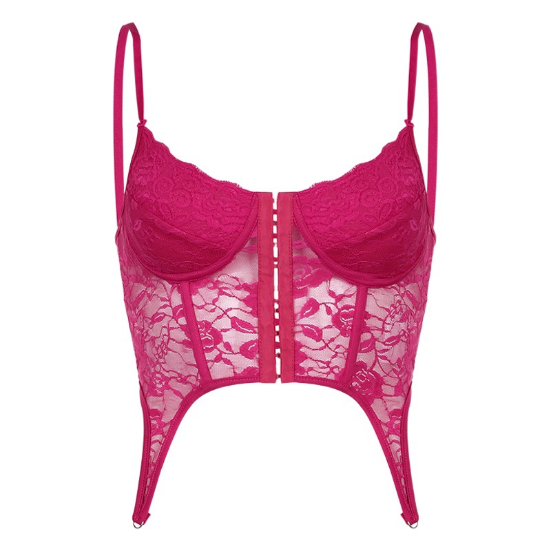 Camisola sexy de encaje con diseño de tiras cruzadas en la espalda, estilo corto irregular, top corto con relleno en el pecho, se puede usar como ropa exterior.