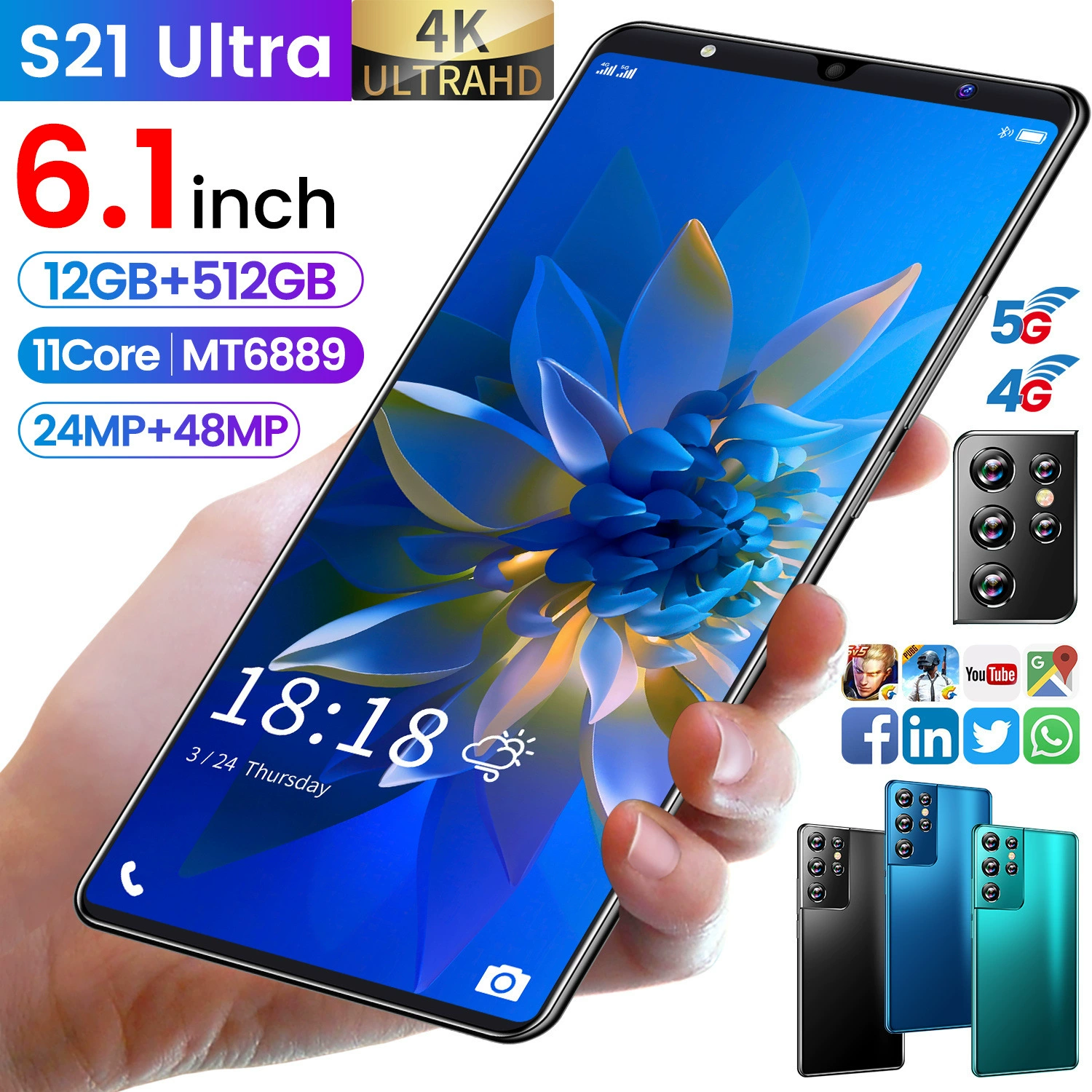 Смартфон S21U, 6,3 дюйма 5G, 4+64 ГБ (по умолчанию), мультирегиональные и цветовые варианты