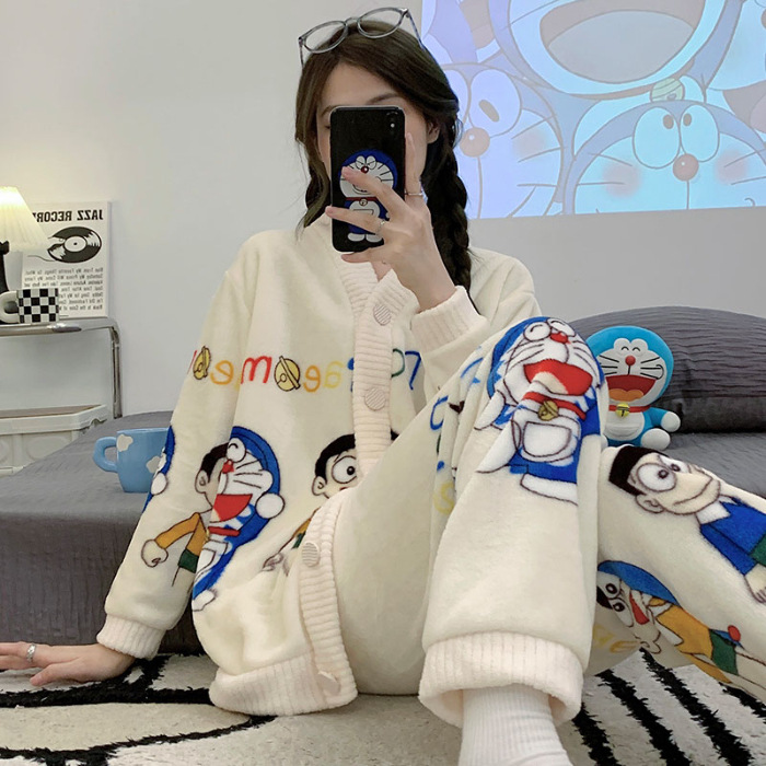 Varios pijamas de invierno de las mujeres con cuello en V cardigan de dibujos animados lindo forro polar engrosada franela traje homewear mujeres