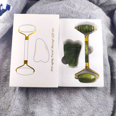 滚轮刺头天然玉石按摩器2件套装脸部眼部板玉推美容器 刮痧按摩棒