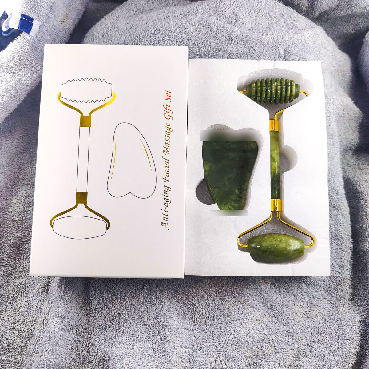 滚轮刺头天然玉石按摩器2件套装脸部眼部板玉推美容器 刮痧按摩棒