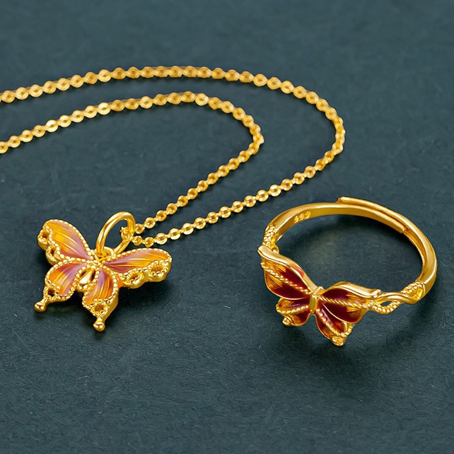 National Tide Palace Style Filament Butterfly Pendant Dream Butterfly Set Gold Enamel Color Ring_voghion.com