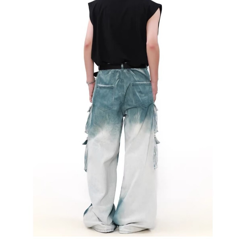 Men's Clothing Retro Washed Tie Dyed Vintage Washed Tie-Dye Gradient Multi-Pocket Cargo Pants For Men & Women - Wide Leg Distressed Denim Jeans_mkmklike.com