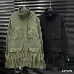 202新款女装拼接网纱风衣外套女宽松休闲工装收腰立领上衣