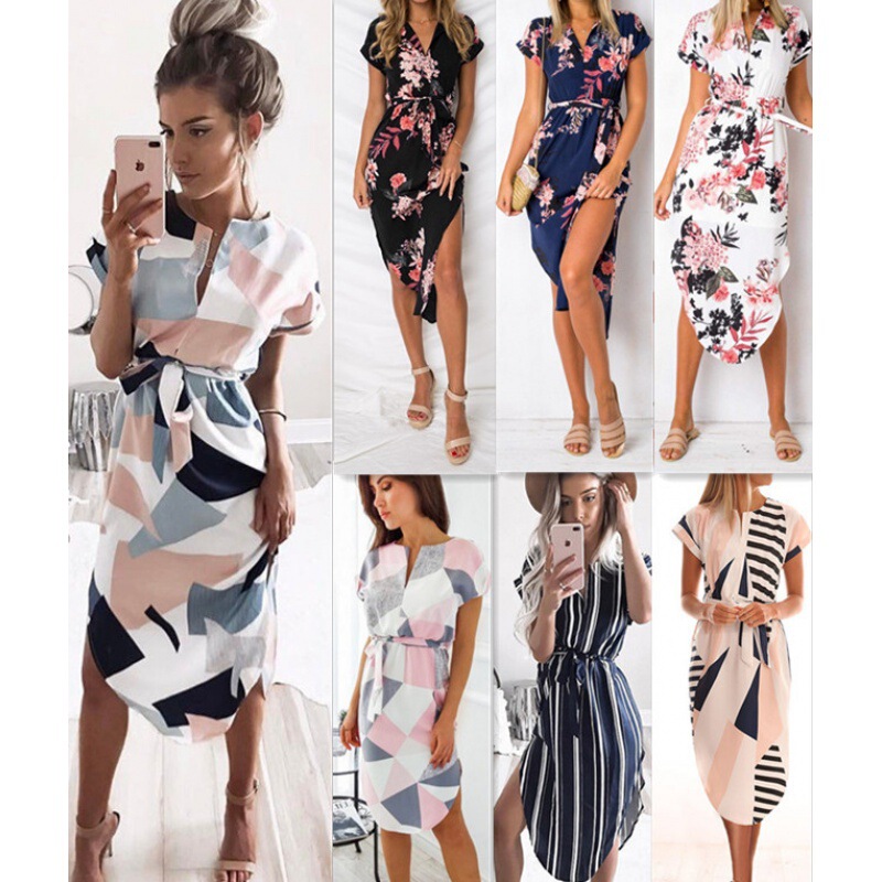 2025 Aliexpress Ebay Amazon Wish Hot Selling Sexy V-Neck Square Print Mid-Length Dress
