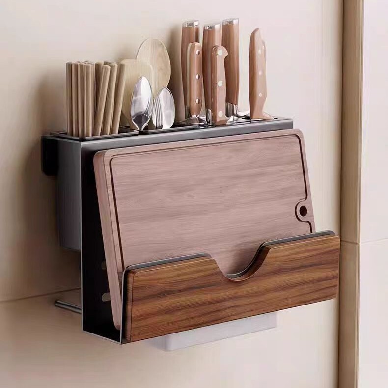 中古風胡桃木厨房物置棚多機能調味料穴なし収納棚箸スプーン刃物セット|undefined