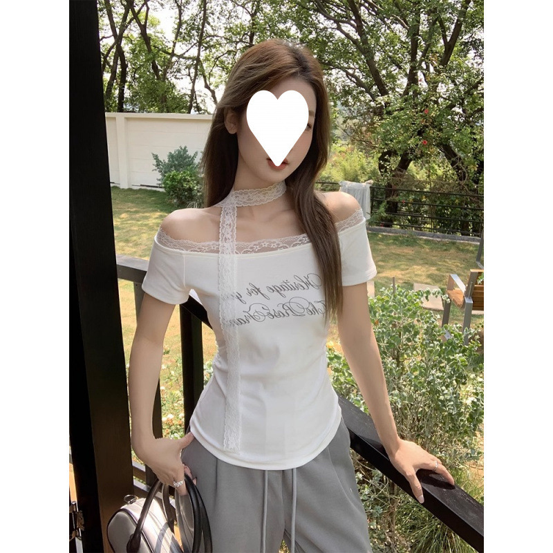 Korean Style Pure Lust Style Slanted Shoulder One-Line Off-Shoulder Pleated Short-Sleeved T-Shirt Women's Summer New Lace Ribbon Waist Top